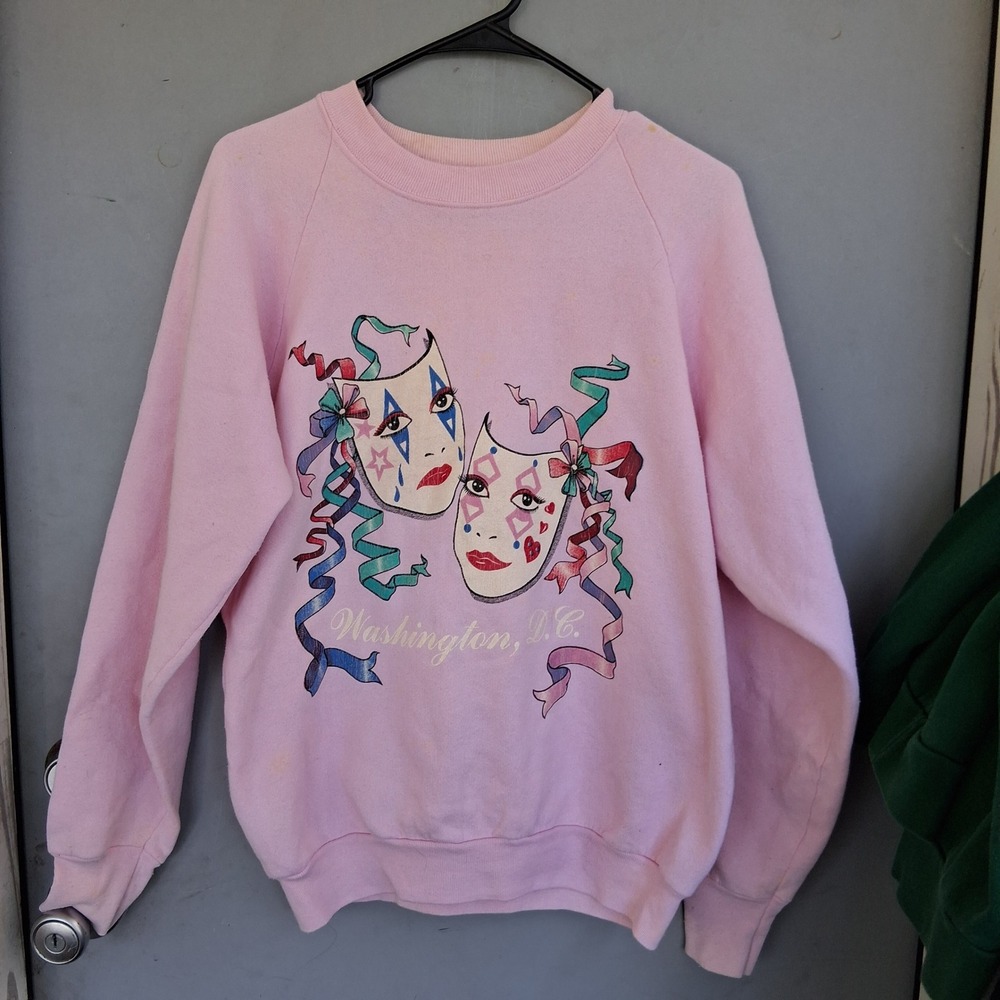Vintage Fruit of the Loom Pink Theater Mask Washington DC Sweatshirt Large USA